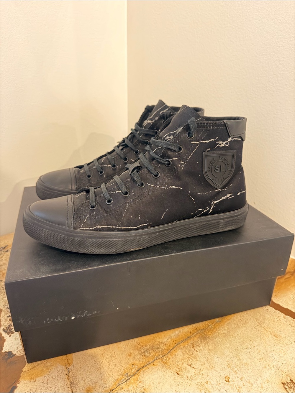 Saint Laurent Black High-Top Sneakers with White Marble Effect